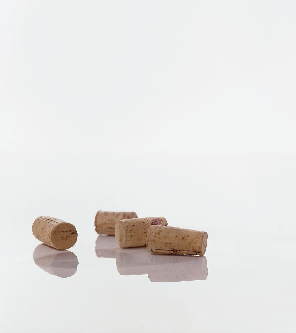 Vier Weinkorken aus Kork vor weißem Hintergrund