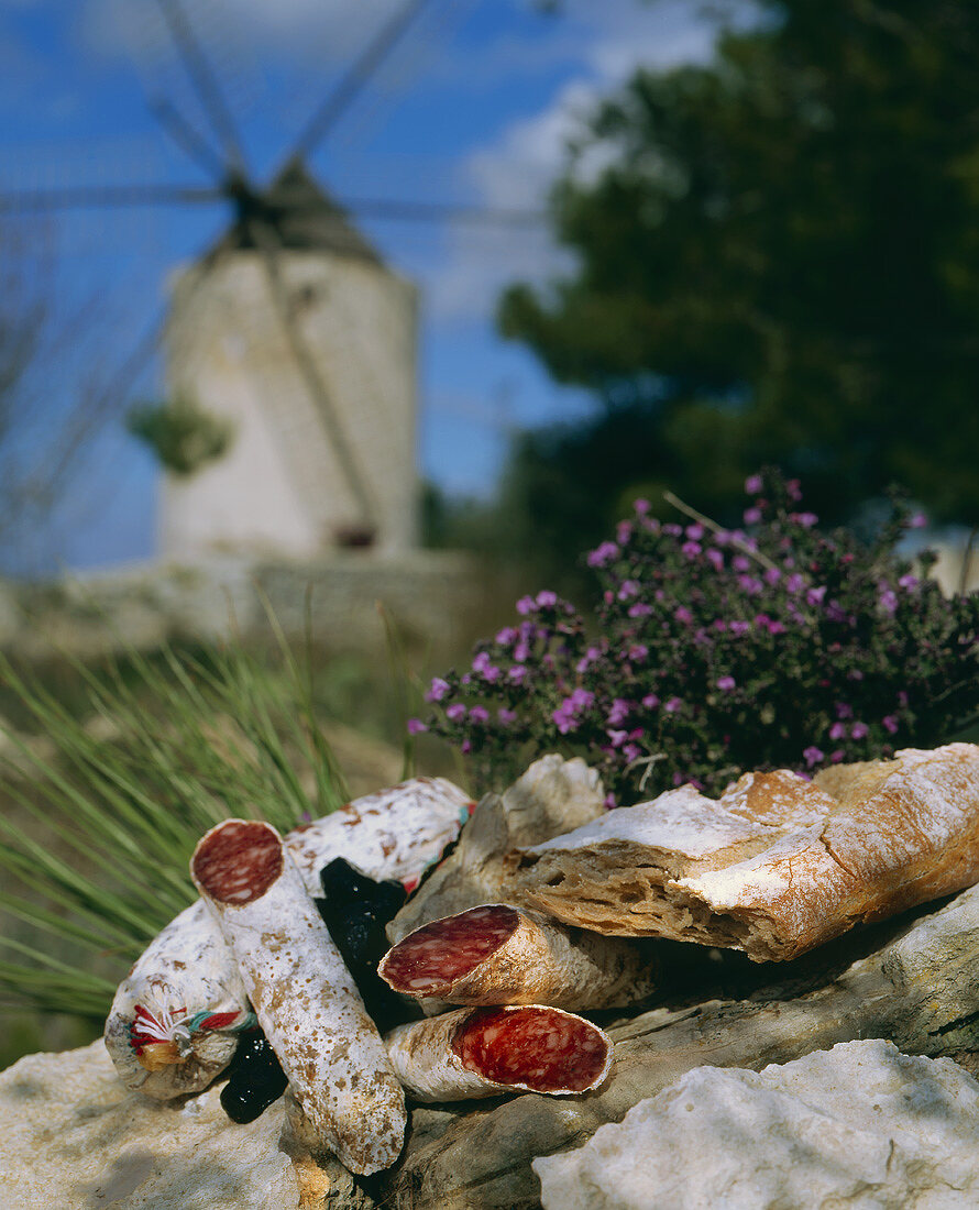 Salami, Oliven und Brot auf einer Mauer liegend