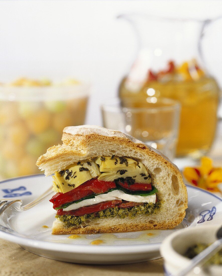 Ciabatta filled with pickled vegetables and mozzarella