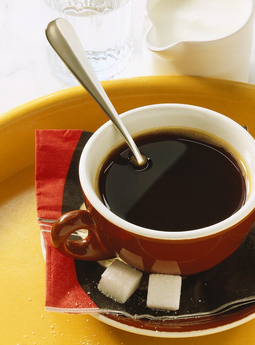 Eine Tasse schwarzer Kaffee mit Milch und Wasser