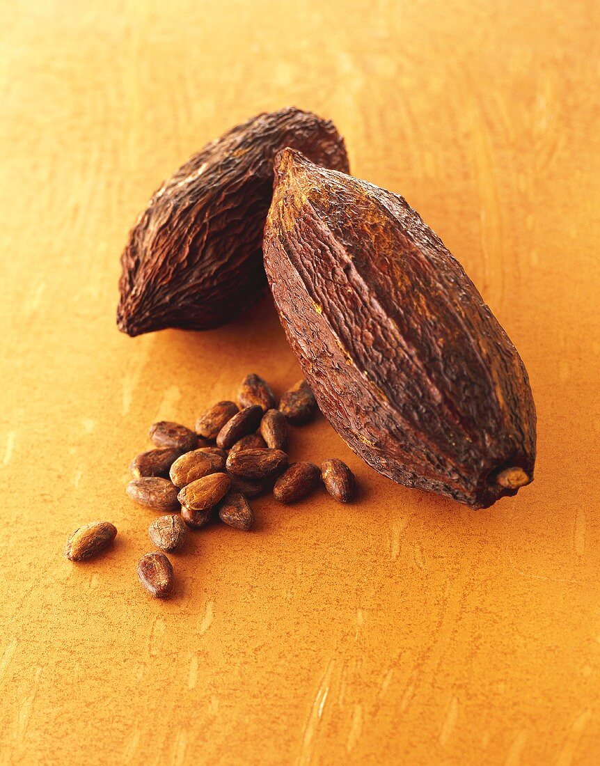 Ganze Kakofrüchte mit Kakaobohnen