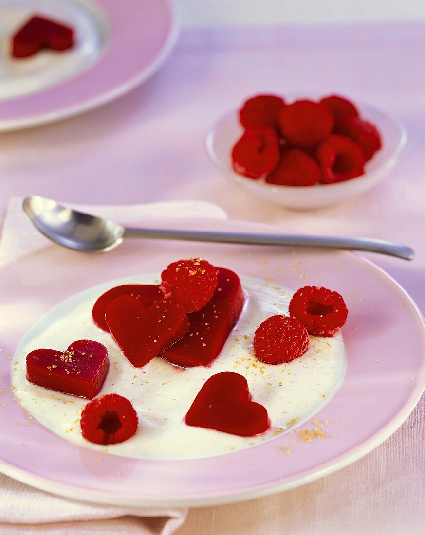 Raspberry hearts in yoghurt cream