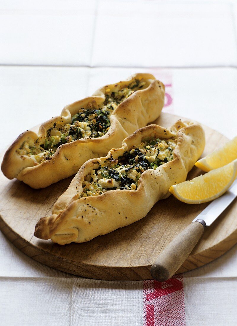 Pide with spinach and cheese (pastry boats, Turkey)