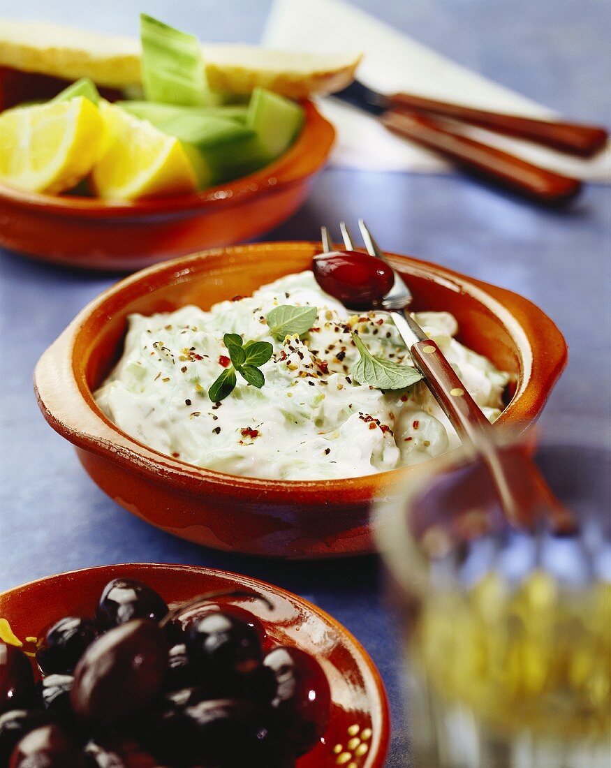 Tzatziki and olives