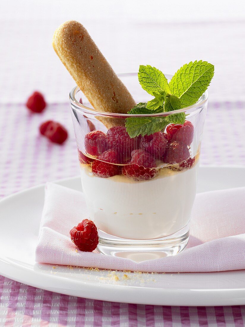 Raspberries on mascarpone cream with sponge finger