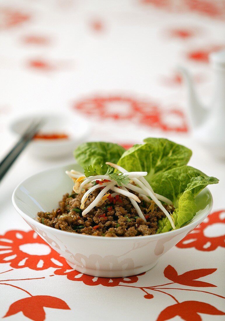 San choy bow (minced pork with soya sprouts and salad, China)
