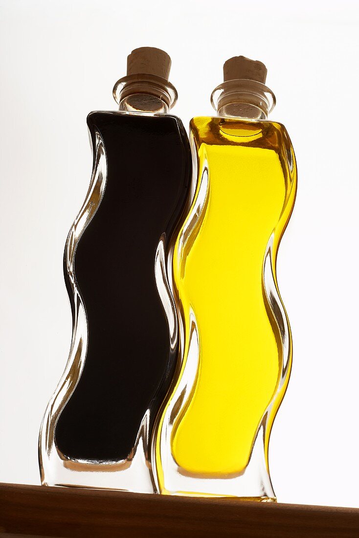 Decorative bottles of olive oil and balsamic vinegar