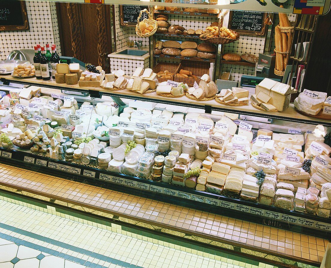 Assorted Cheeses at a Deli