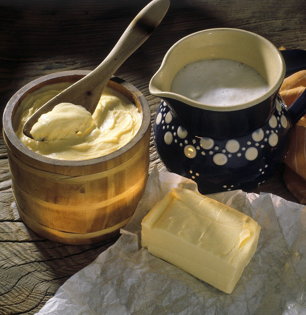 Butter in Paper; a Churn and a Pitcher