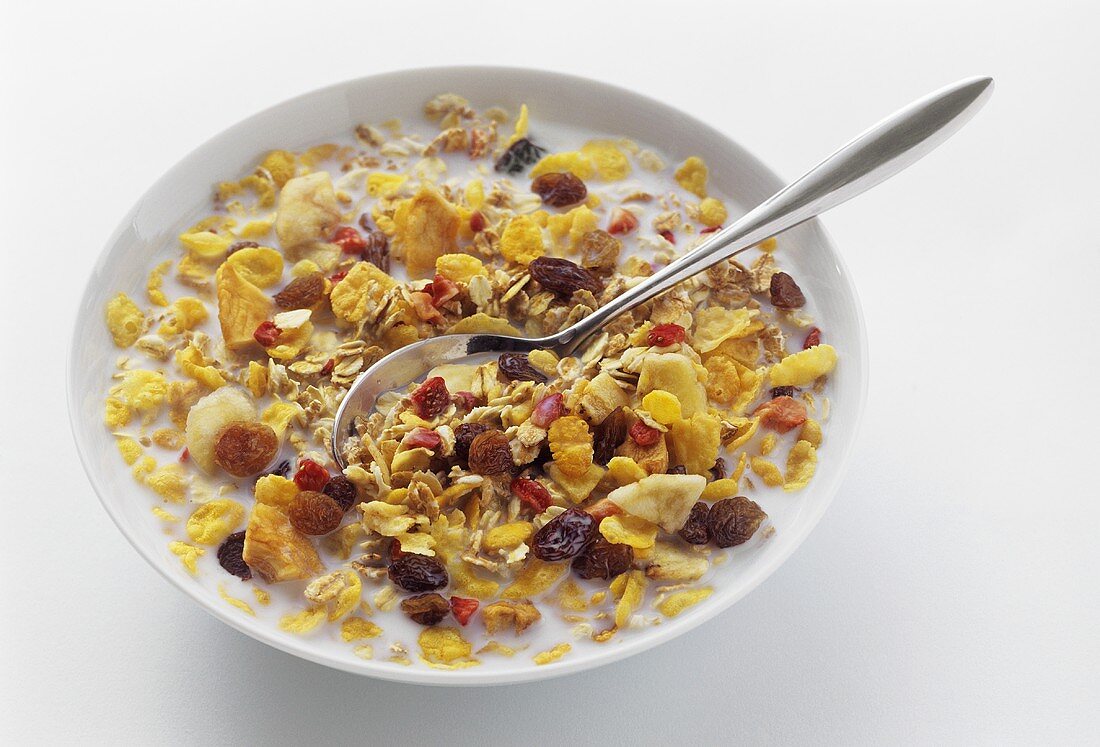 Müsli mit Milch und Trockenfrüchten