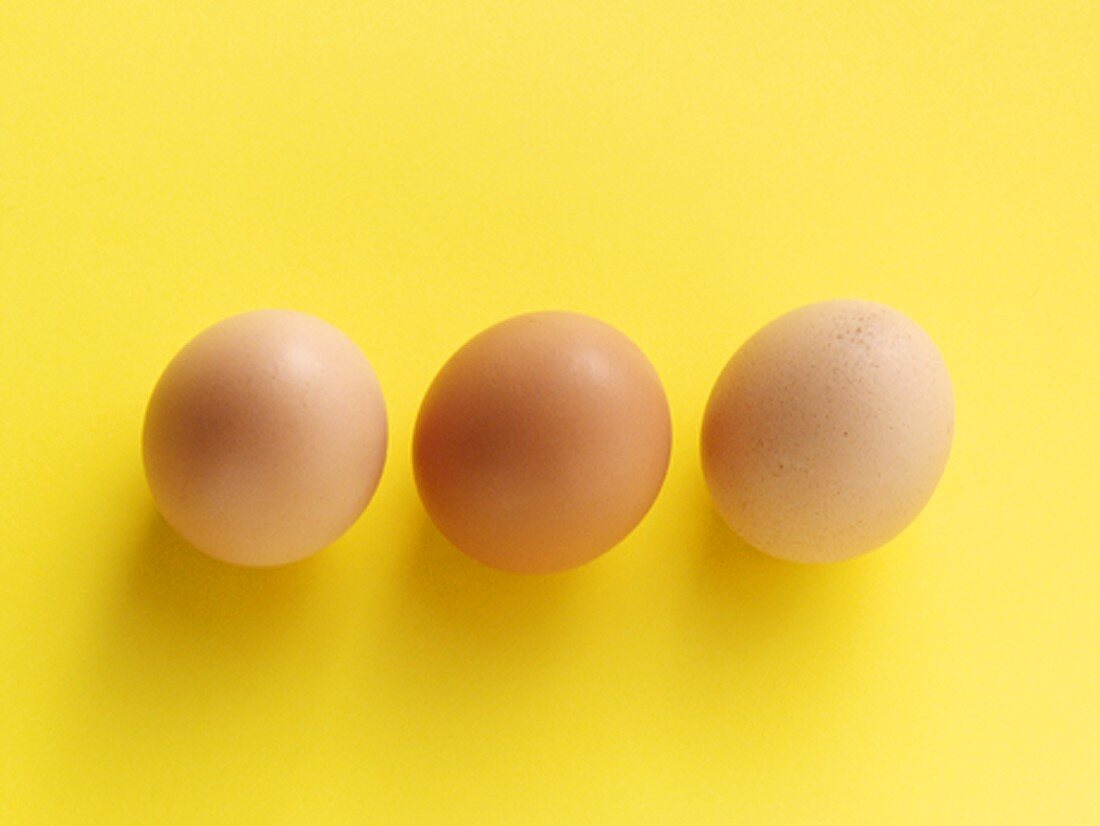 Braune Eier auf gelbem Untergrund (Draufsicht)