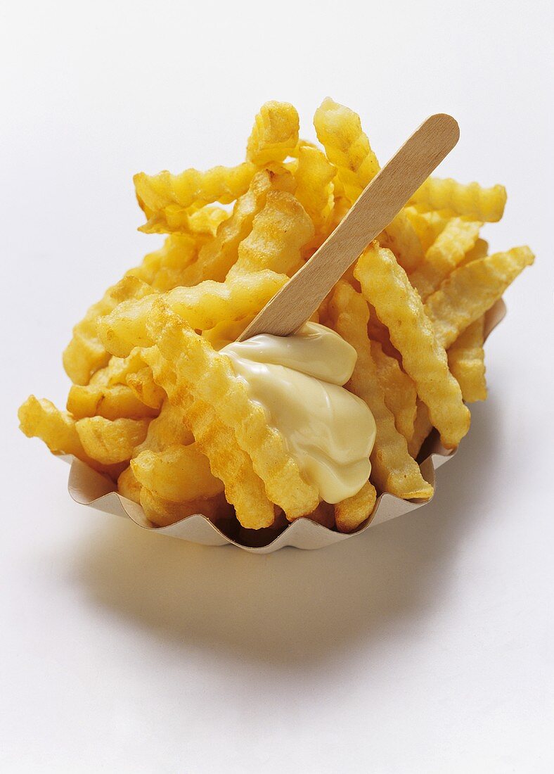 Crinkle Cut French Fries in a Carton with Mayonnaise