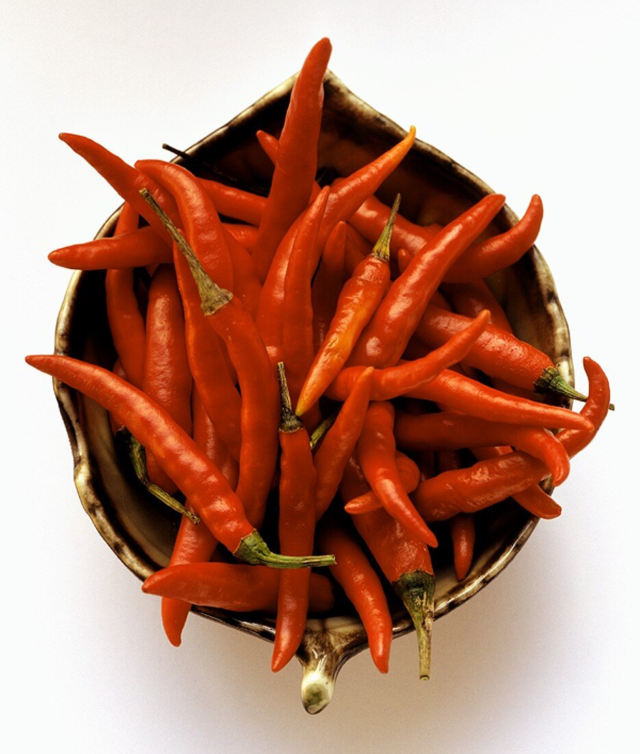 Red Thai Hot Peppers in Ceramic Bowl
