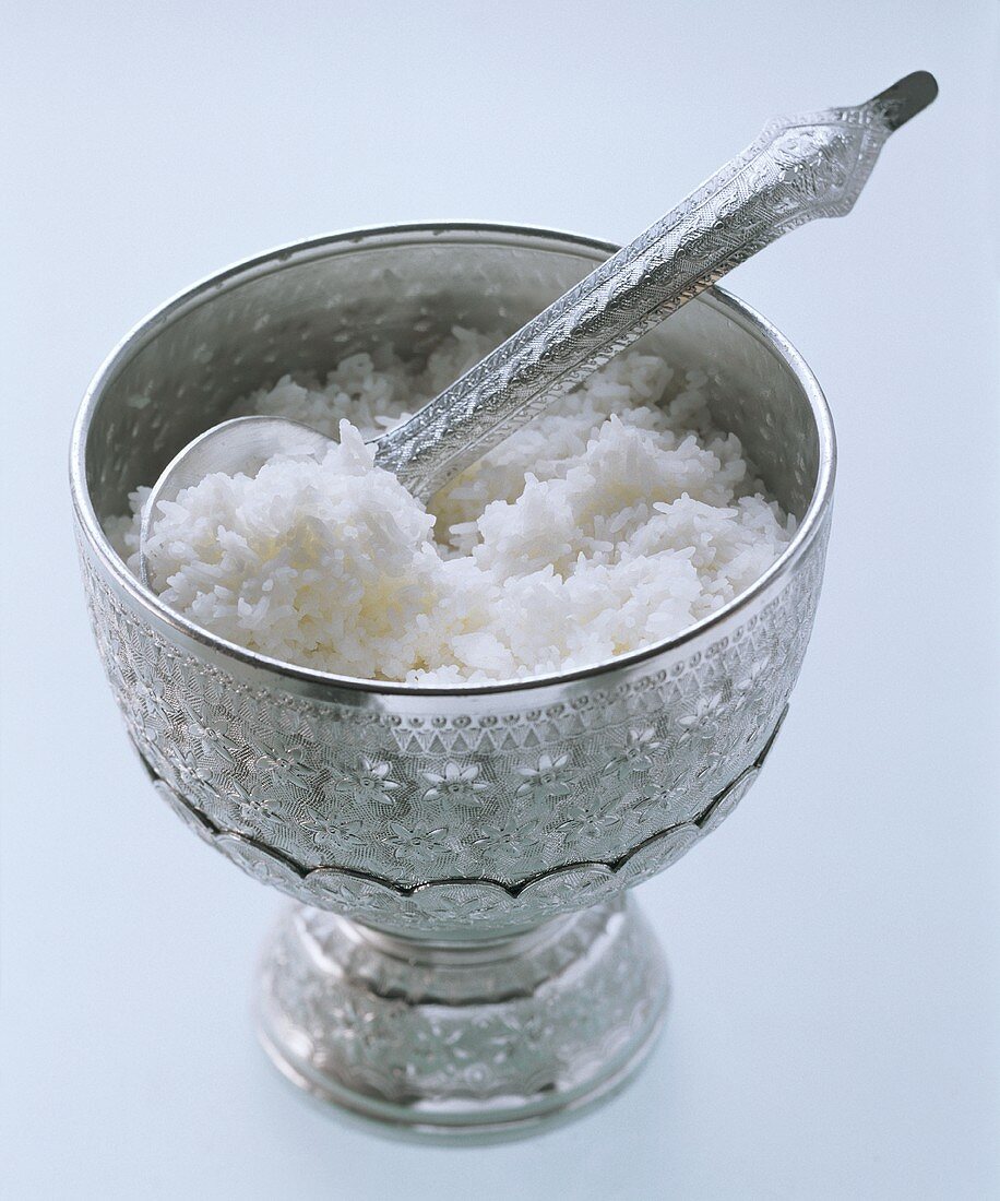 Cooked Jasamine Rice in Silver Bowl with Spoon