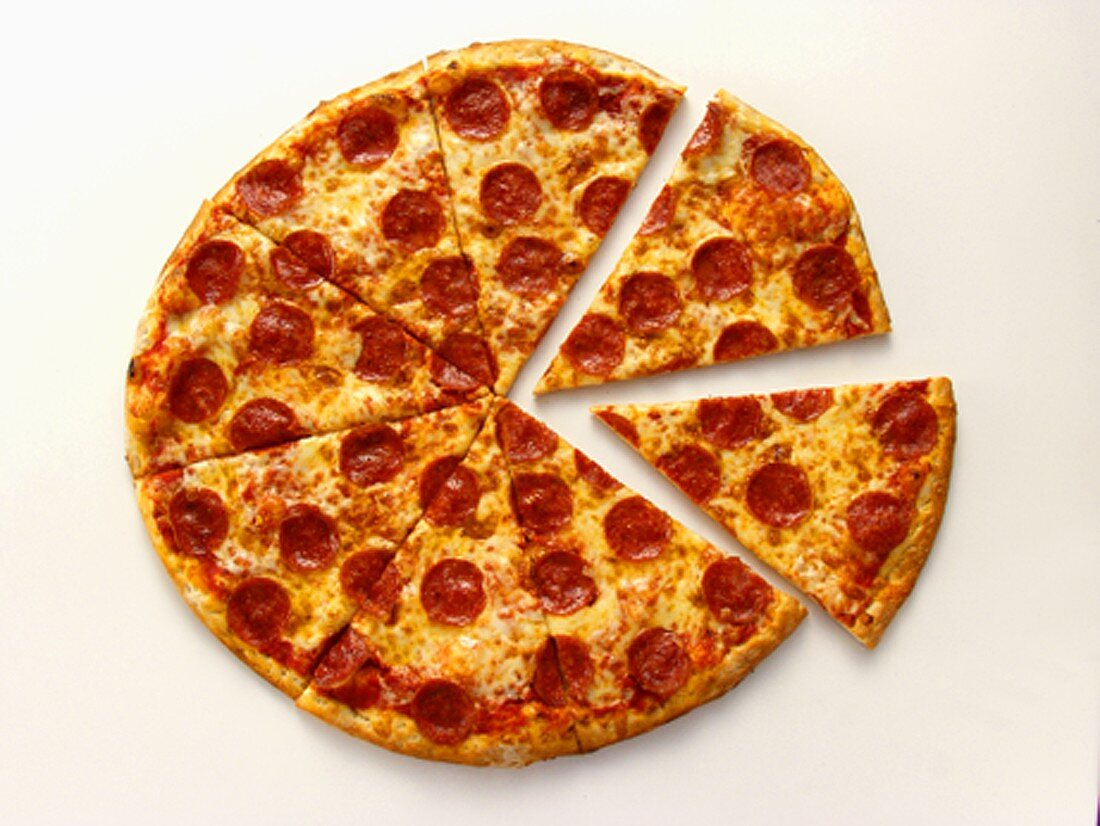 A Whole Pepperoni Pizza with Two Slices Removed