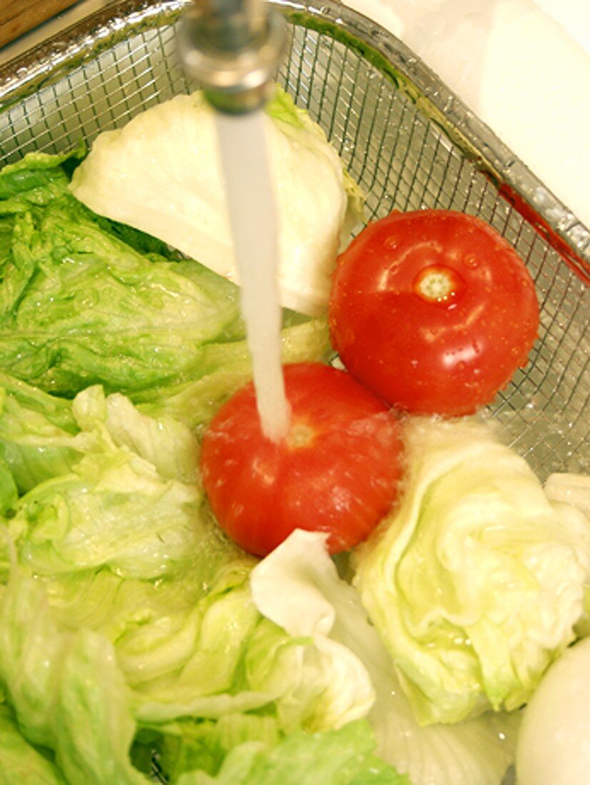 Blattsalat und Tomaten waschen