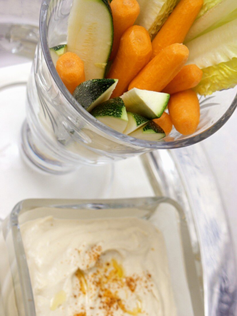 Sliced Vegetables in a Goblet and Dip