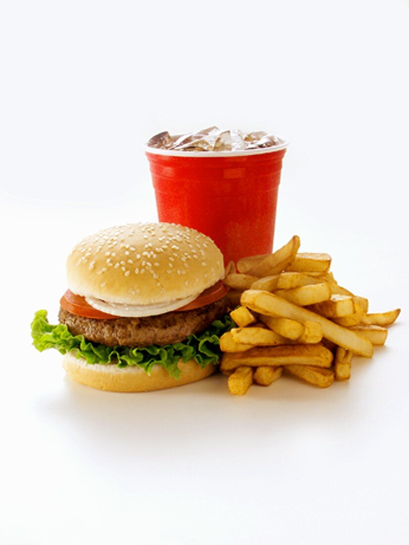 Hamburger mit Pommes frites und Cola