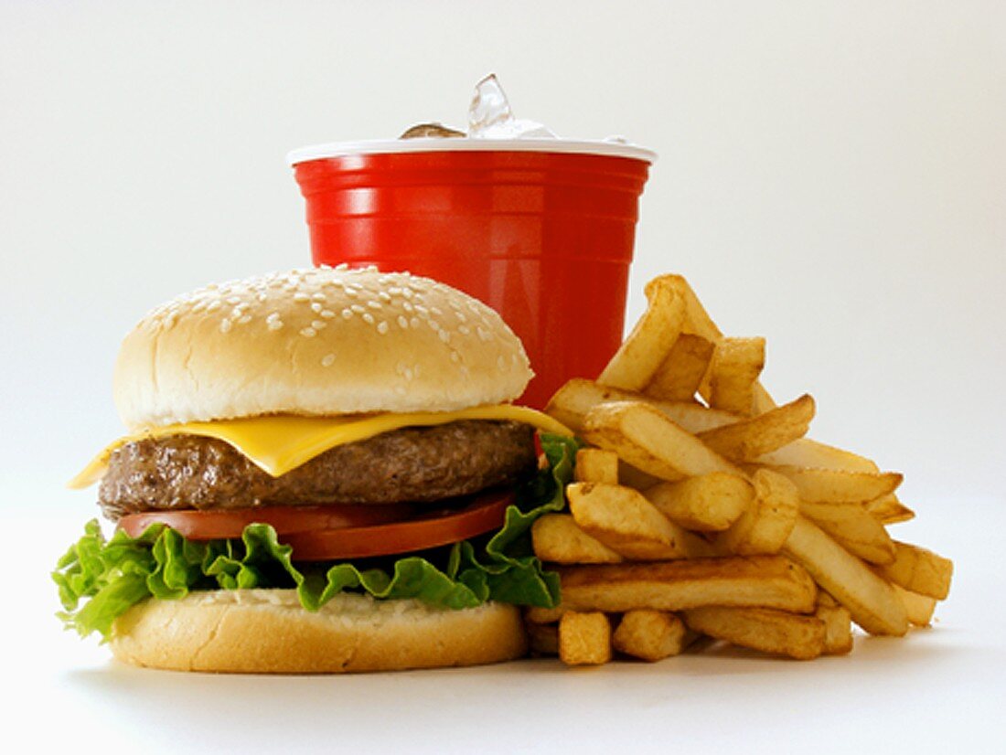 A Cheeseburger with Fries and a Drink