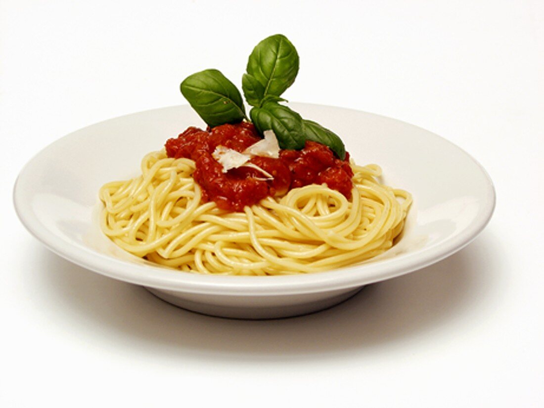 Bowl of Spaghetti with Tomato Sauce and Fresh Basil