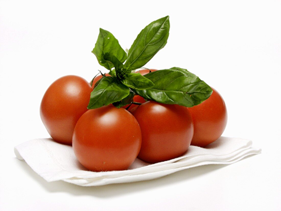 Vine Ripened Tomatoes with Basil on Paper Towel
