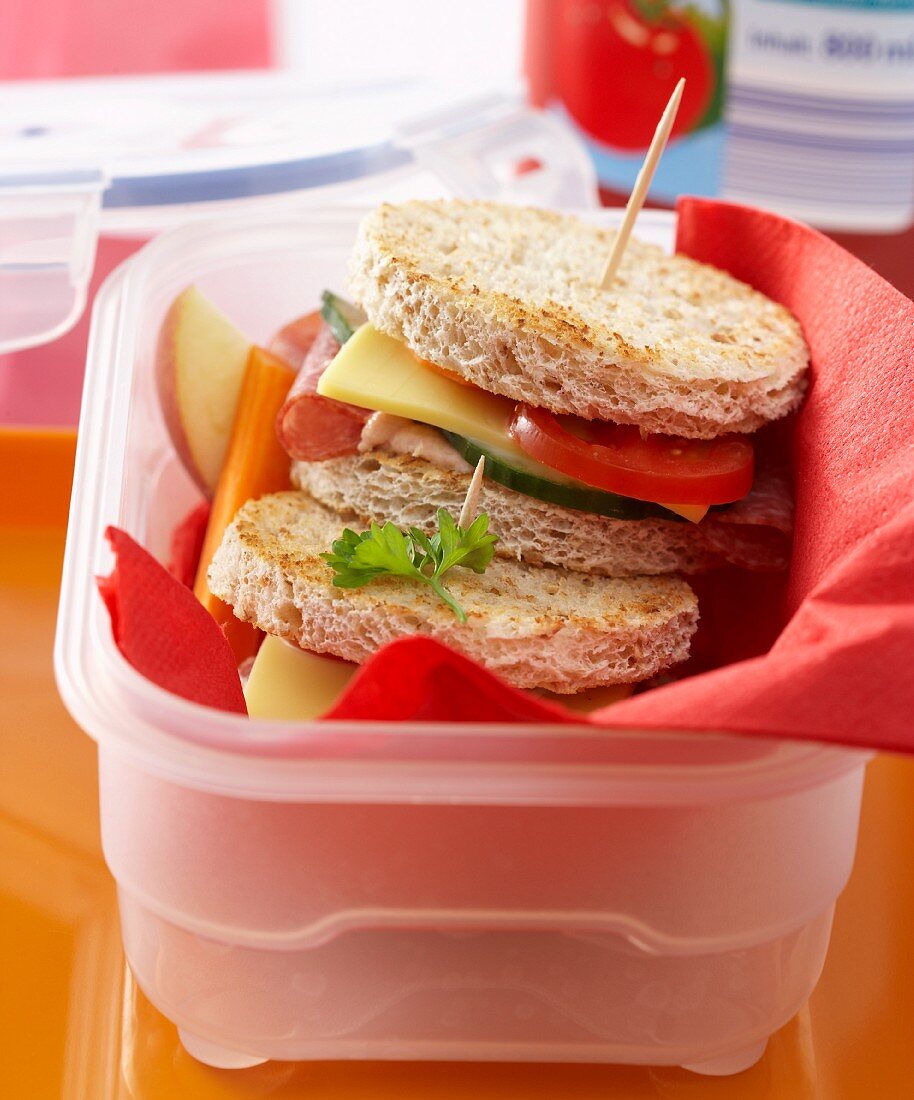 Salami cheeseburger in wholemeal toast in plastic storage box