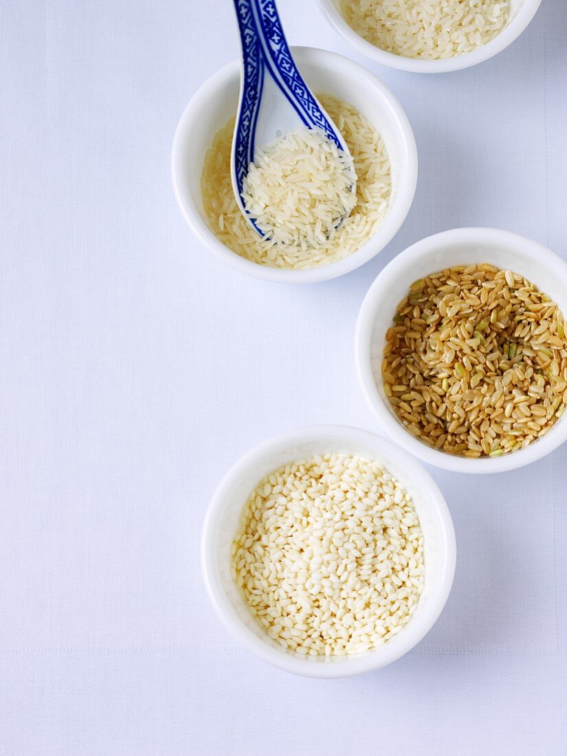 Sushi rice, jasmine rice, brown rice & Arborio rice (from above)