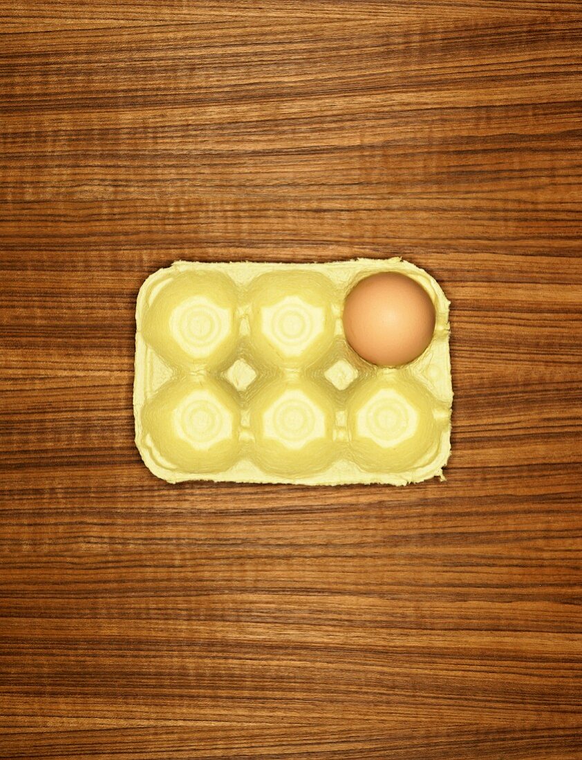 A brown egg in an egg box