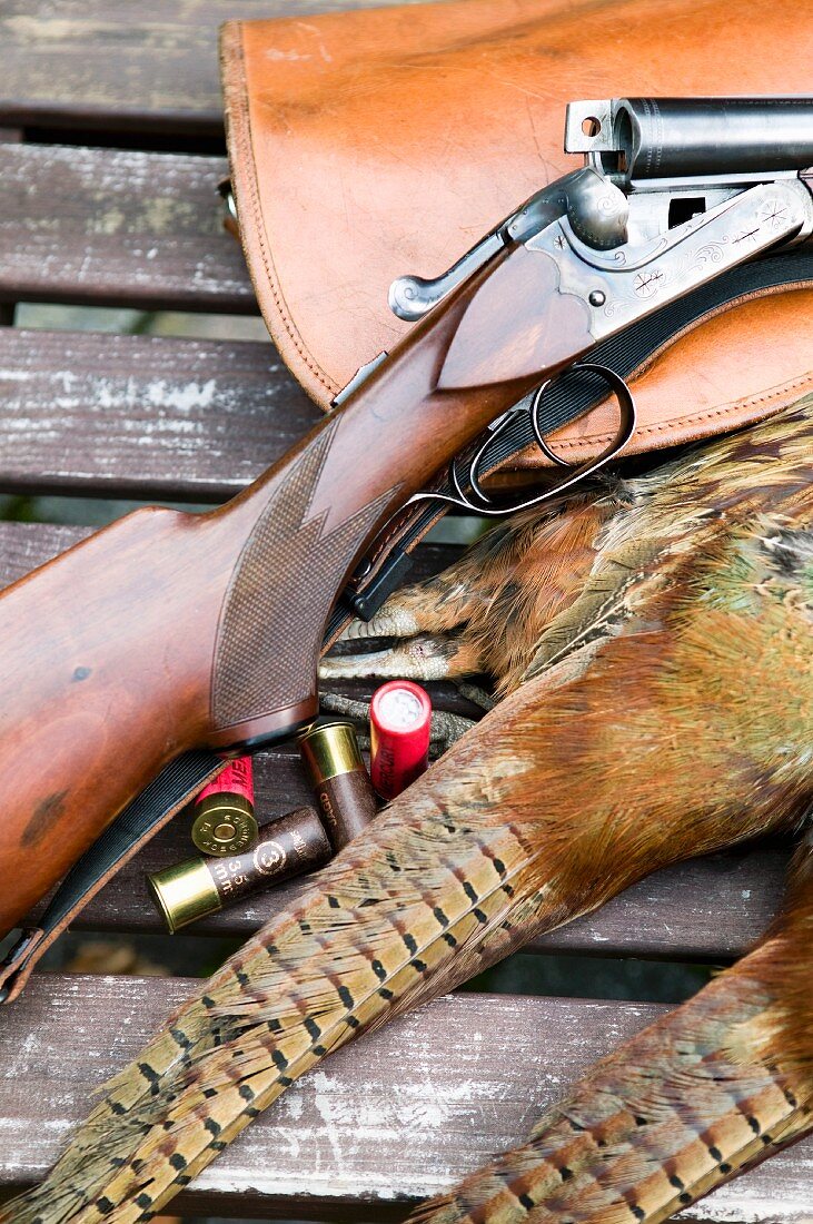 Still life with pheasants and hunting rifle