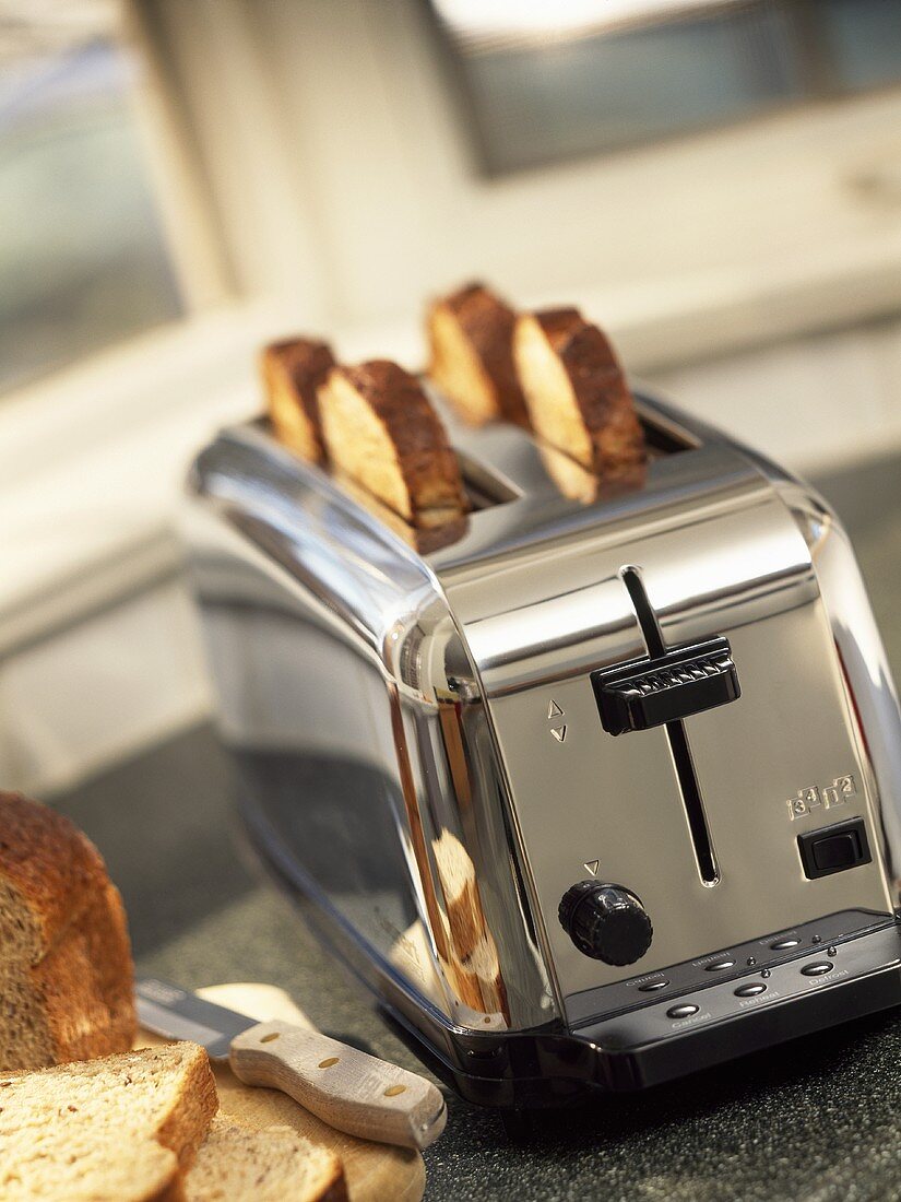 Slices of toast in toaster