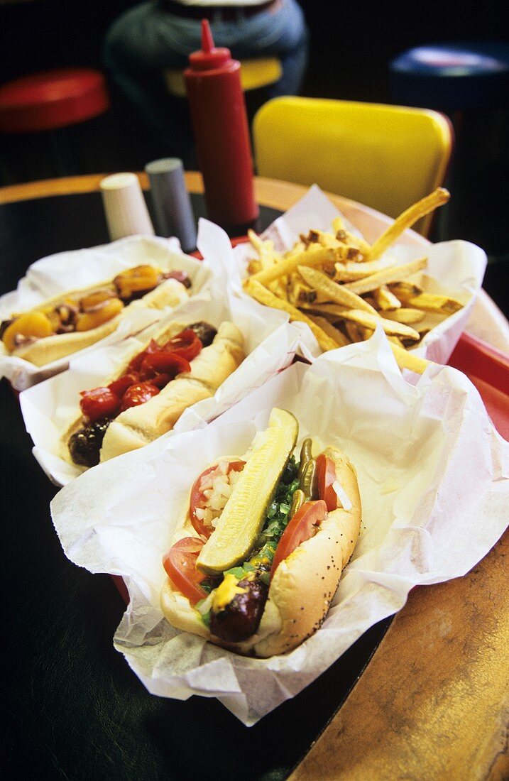 Assorted hot dogs in a restaurant