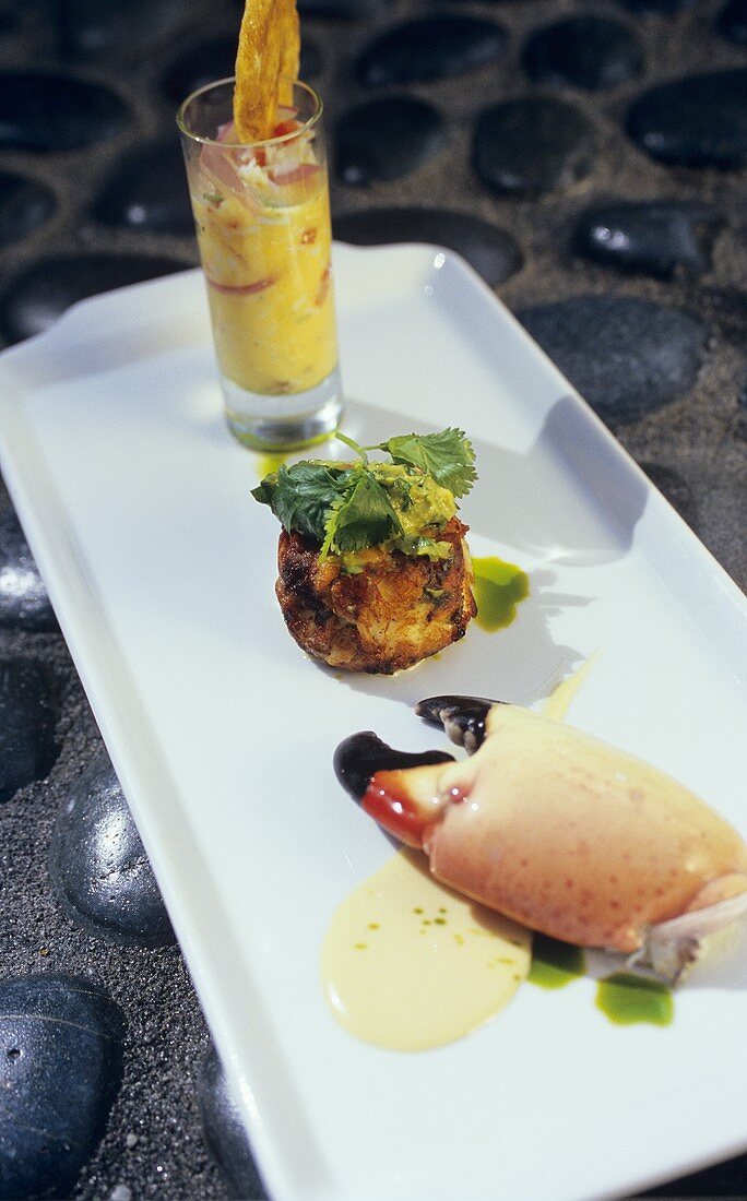 Florida stone crab claw, prawn cake and Oyster Shooter