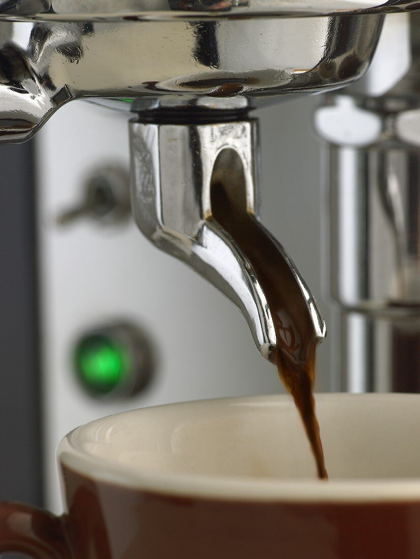 Kaffee rinnt durch den Siebträger-Auslauf (Close Up)