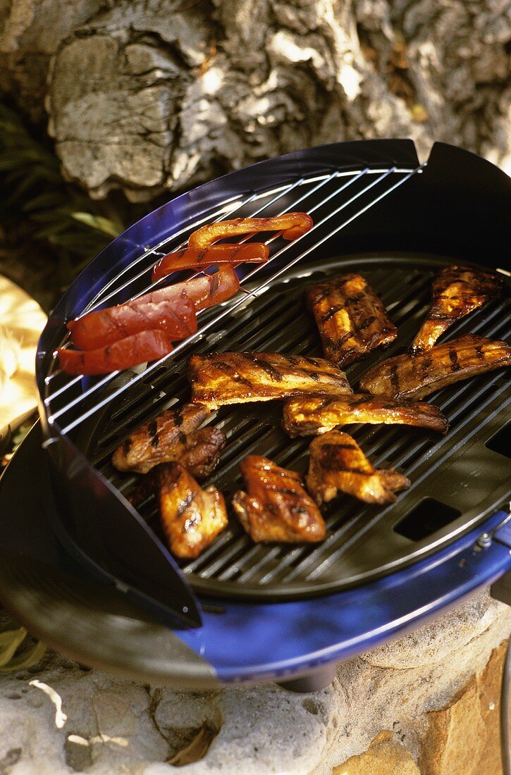 Spareribs, Chicken Wings und Paprika auf dem Grill