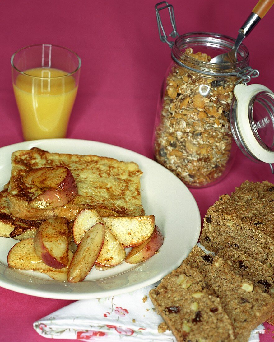 Home-made muesli loaf and French toast with apples