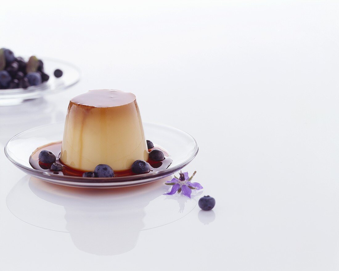 Creme caramel with blueberries