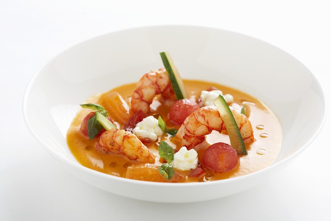 Tomato and melon soup with prawns