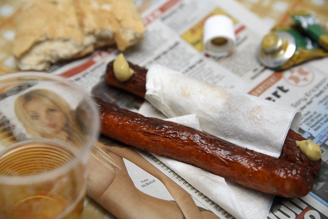 Fast food: sausages, mustard, bread roll, beer, newspaper