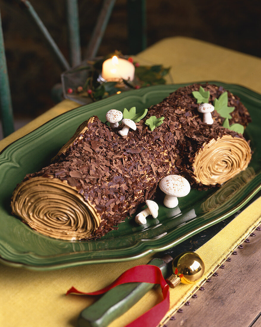 Bûche de Noël (Yule log) with marzipan mushrooms