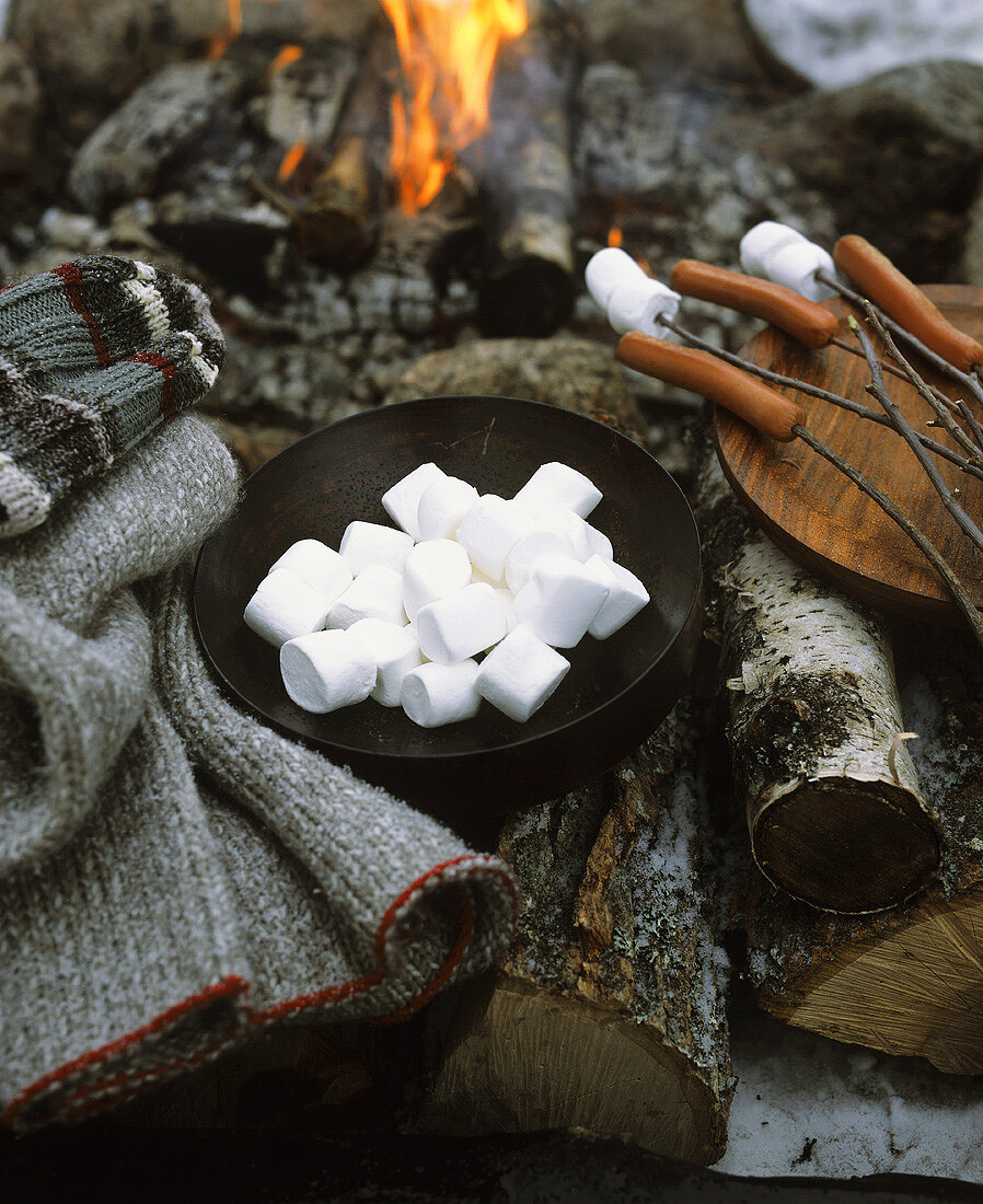Marshmallows and sausages on sticks by open fire