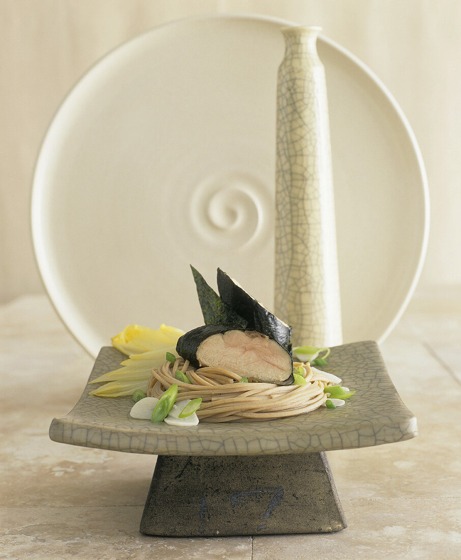 Still life with soba noodles, swordfish and nori
