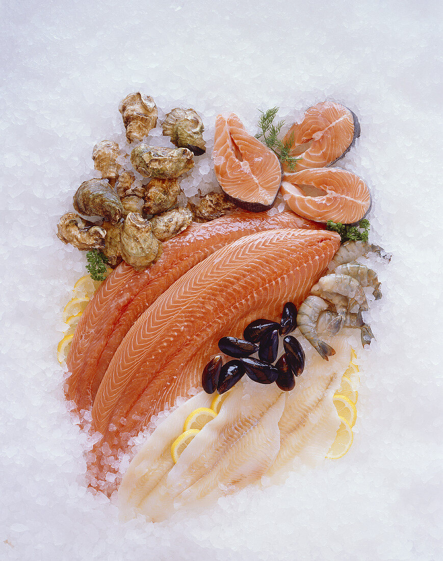 Salmon, cod and seafood on crushed ice