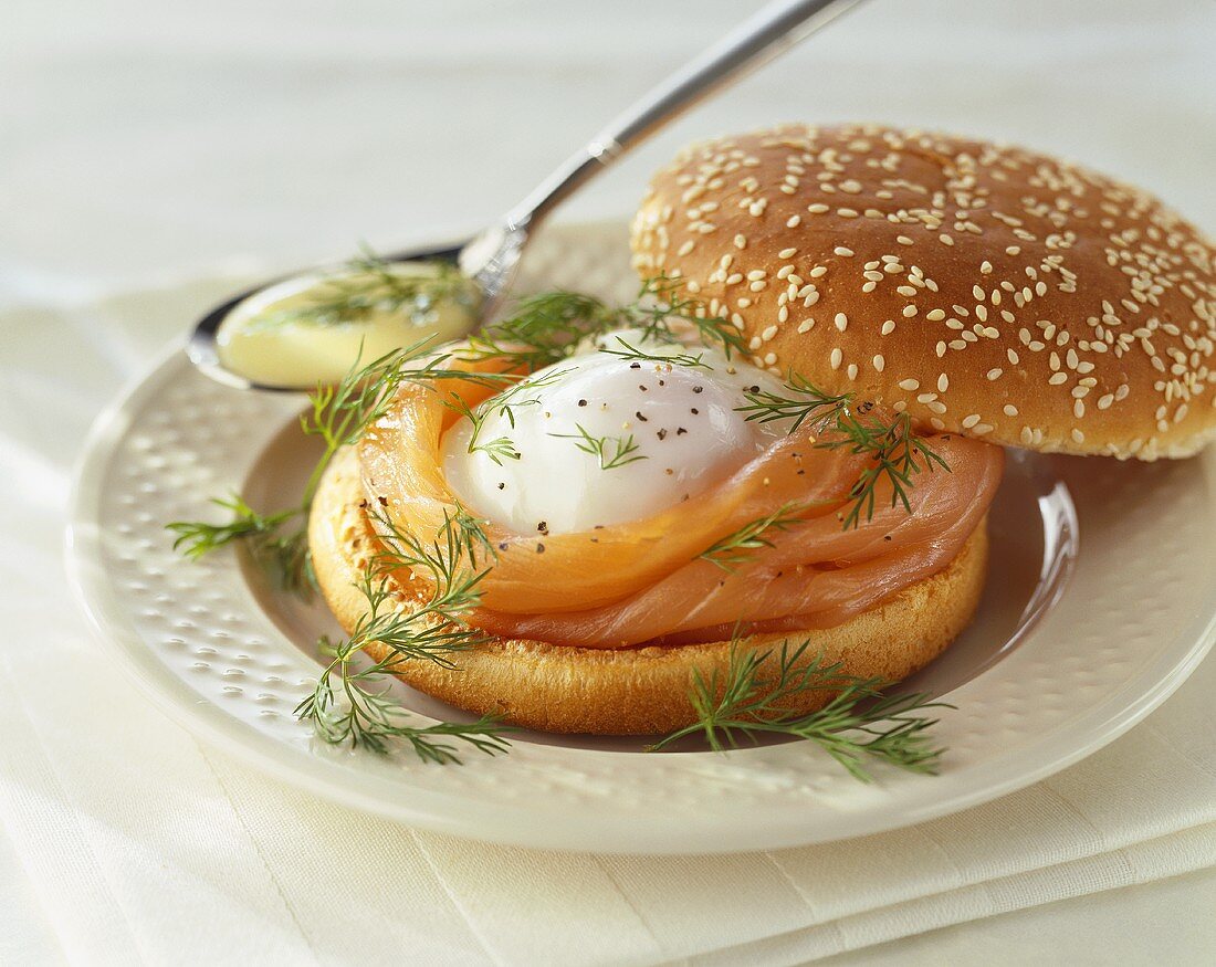 Smoked salmon and egg in bread roll