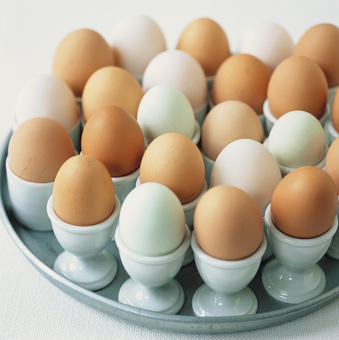Various eggs in eggcups