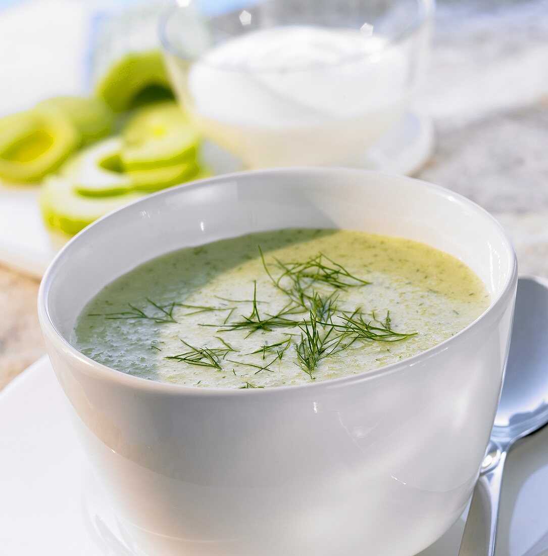 Cold cucumber soup with dill and garlic in soup cup