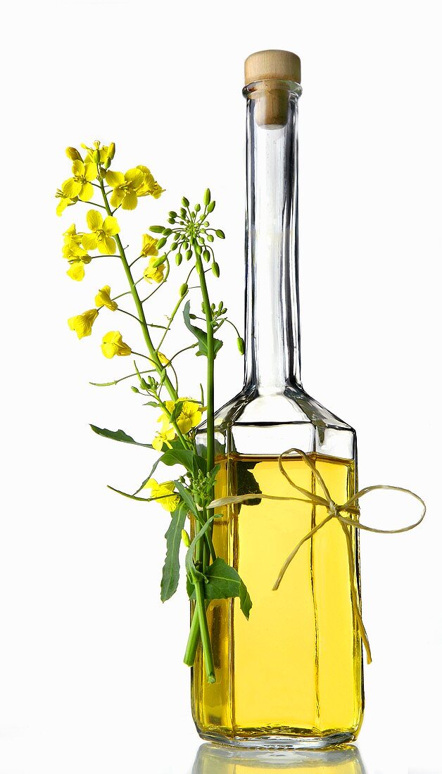 Eine Flasche Rapsöl mit Blüte