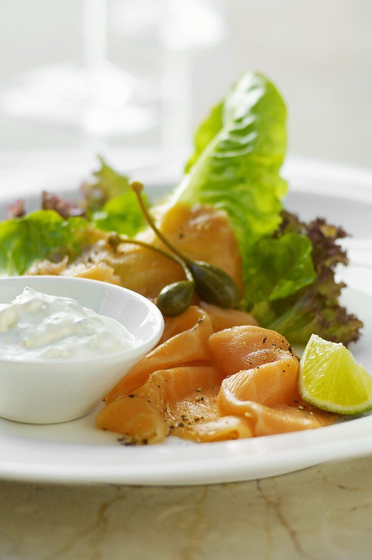 Smoked salmon with salad leaves and dip