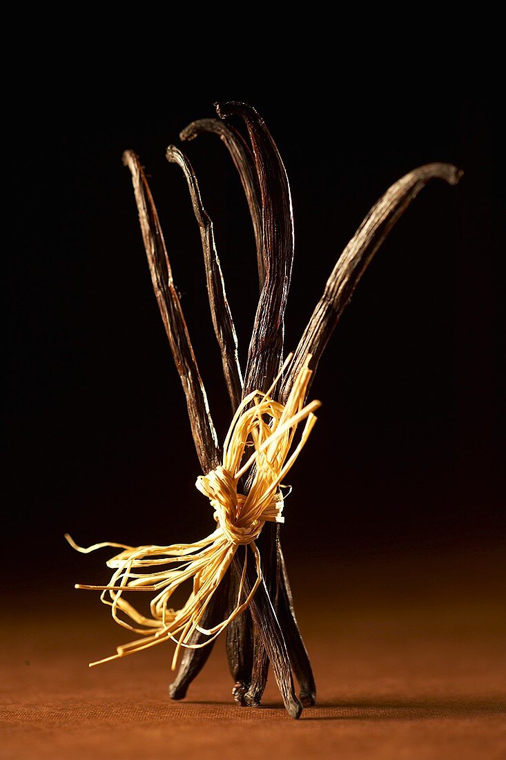 Vanilla pods tied together with raffia