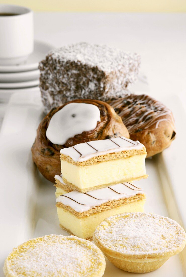 Assorted cakes to serve with coffee on a platter