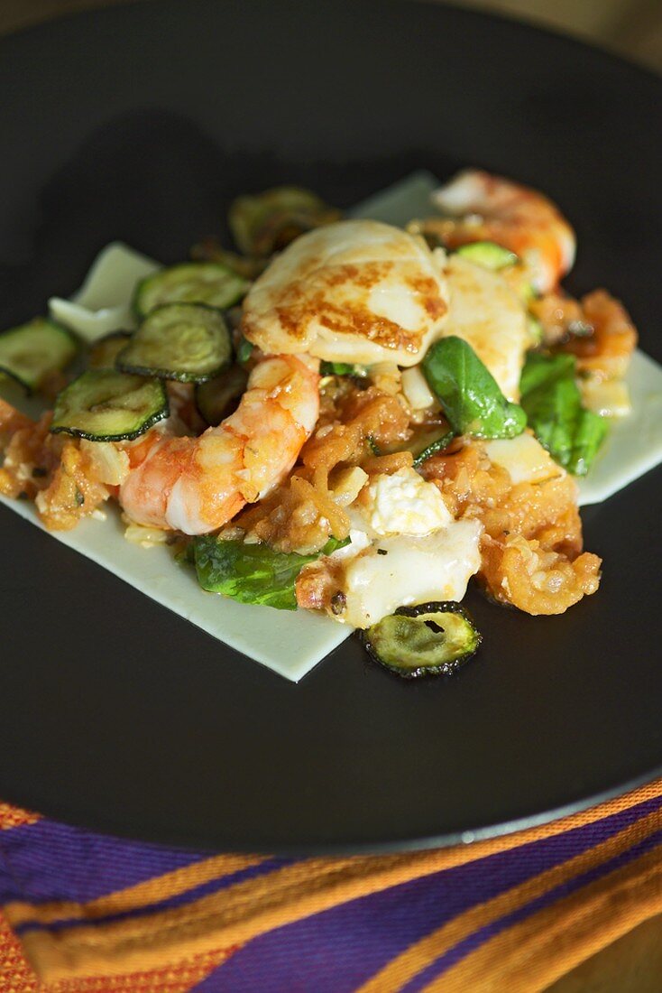 Lasagne with scallops, prawns and courgettes